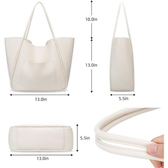 Tote Bag Vegan Leather Large Capacity Cream - Picture 6 of 7